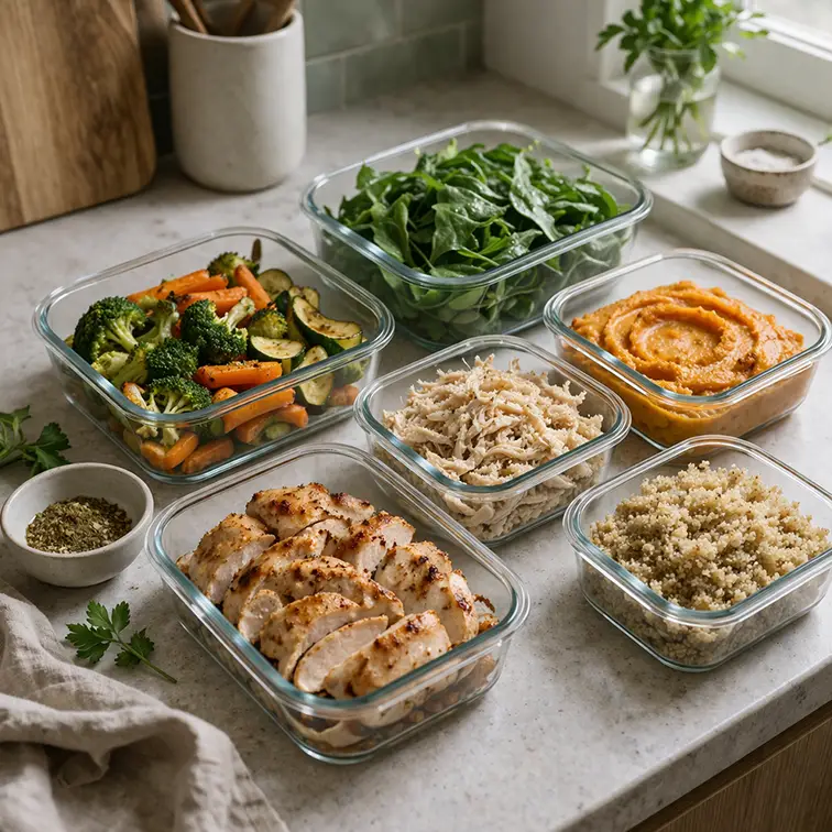 Saladas higienizadas, potes com proteína pronta, purês e comidas prontas na bancada