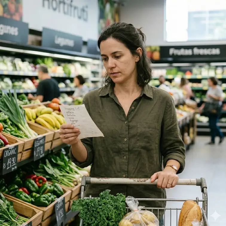 Lista de compras junto com carrinho de compras no mercado